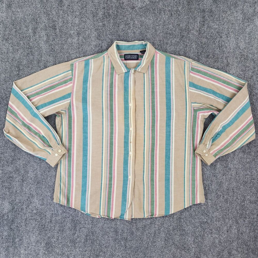 Vintage Lands End Shirt Womens 14 Striped Cotten Linen Button Camp loop Collar